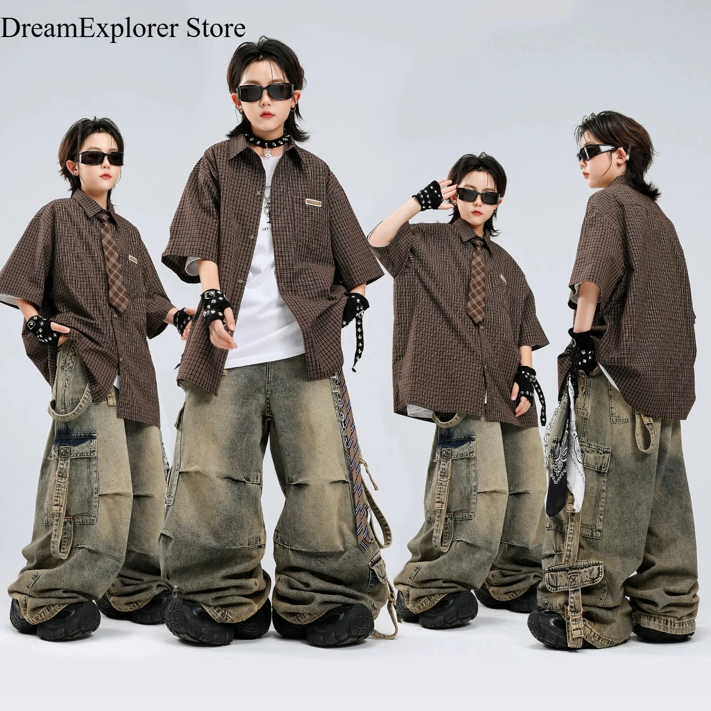 Boys Hip Hop Plaid Shirt Distressed‌ Cargo Jeans Loose Pant Girls K-pop Dance ‌Costume Kids Streetwear Children Jazz Clothes Set