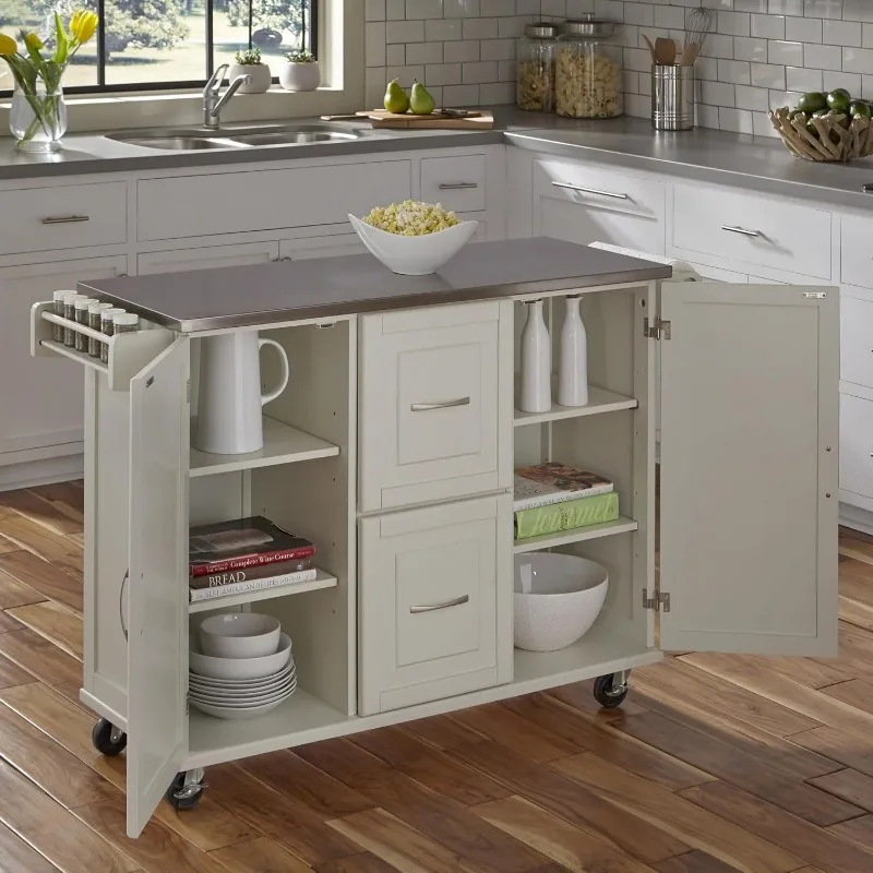 Dolly Madison Off-White Mobile Kitchen Cart with Stainless Steel Top, 54 Inches Wide