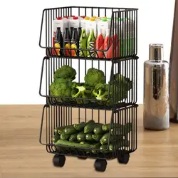 Kitchen Movable Cart Storage Shelf Stackable Rolling Fruit Vegetable Metal Wire Basket Household Trolley Snack Storage Rack