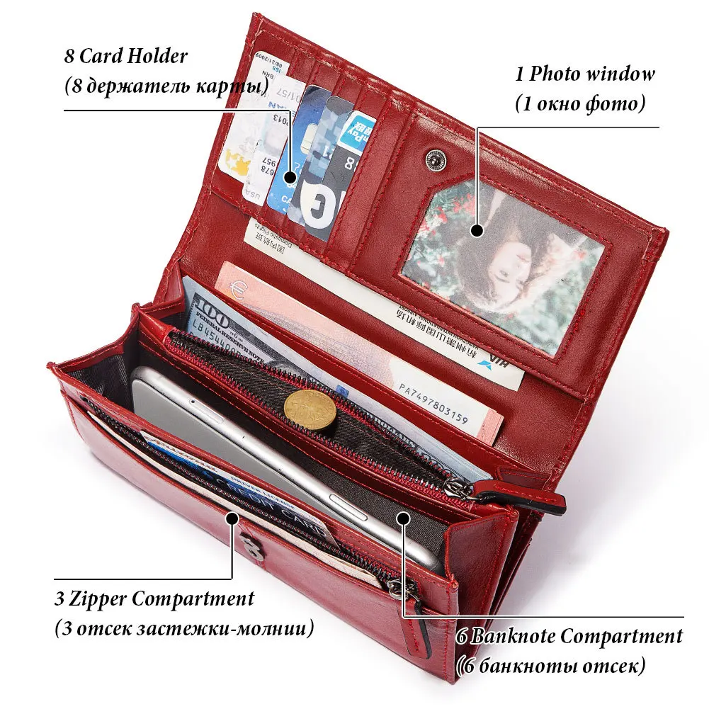 RFID Blocking Genuine Leather Long Wallet for Women Multi-Slot ID Card Holder Large-Capacity Change Clutch Bag Billetera Mujer