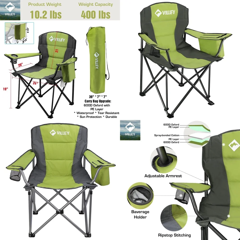 

camping chairOversized Folding Camping Chair with Padded Seat and Built in Cooler Bag Holder for Outdoor Use Lightweight