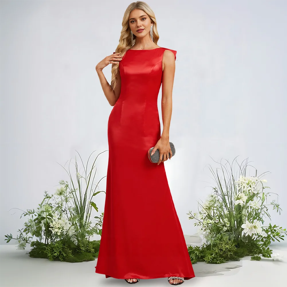 

​Luxury Evening Dress Red Sheath Column Silky Satin Prom Dresses 2025 Boat Neck Sweep Train Bow Woman Wedding Party Formal