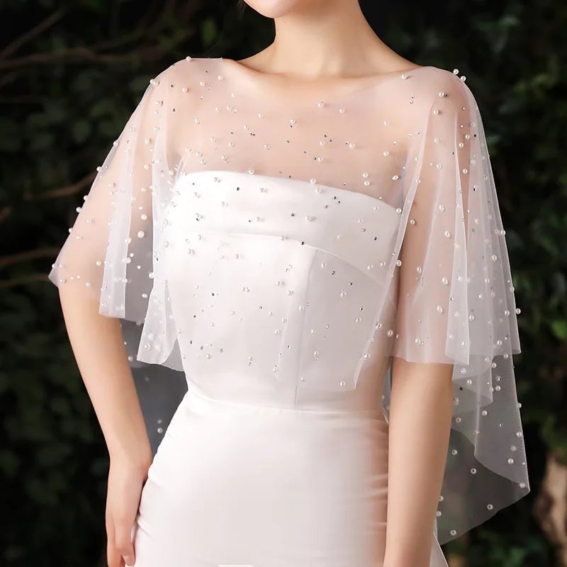 Pearl Beaded Wedding Wrap Sheer Jewel Collar Soft Tulle Front Short Long Back Shawl Marriage Accessories for Women Dress