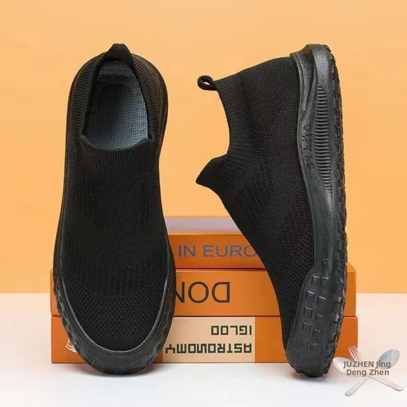 Black Men's Slip-On Work Shoes Summer Breathable Mesh Tire Bottom Wear-Resistant Casual Fashion Sports Style round Toe