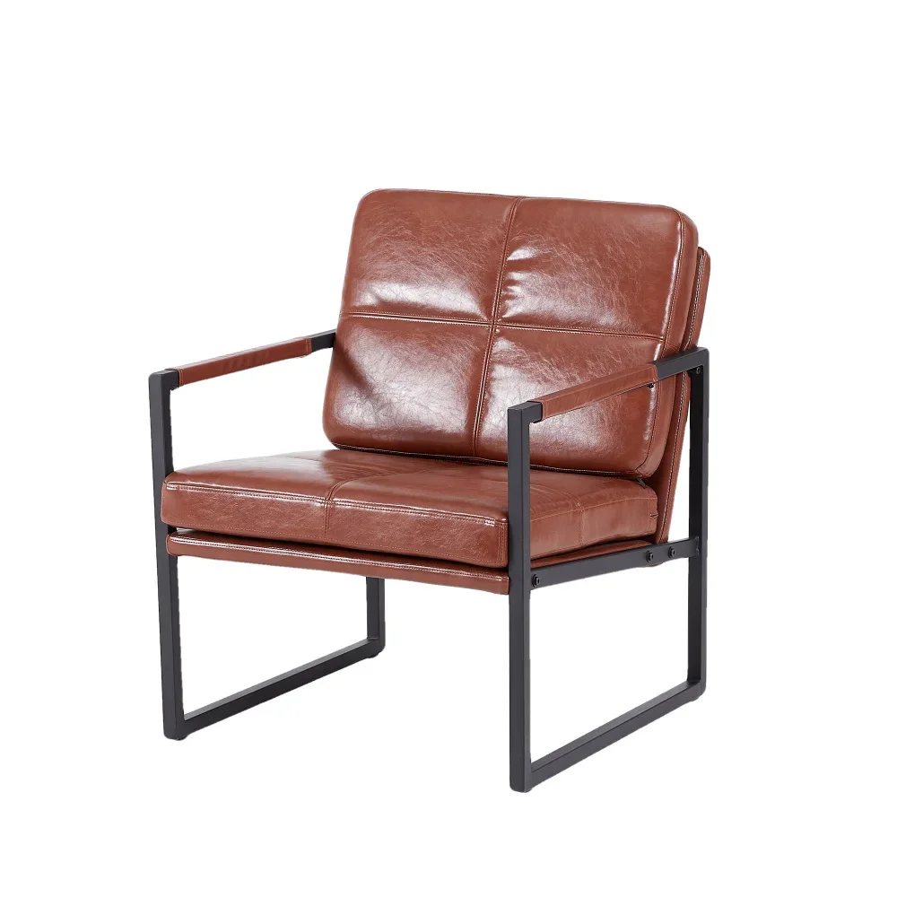 

Red brown PU leather leisure black metal frame recliner chair for living room and bedroom furniture