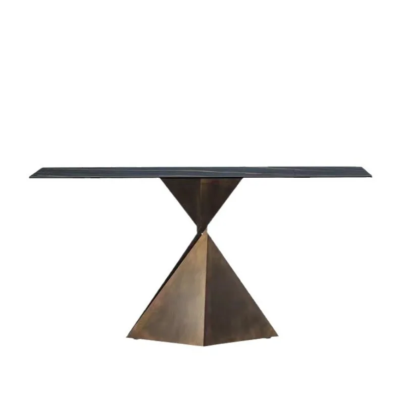 

Medieval style, minimalist modern entrance table, hall against the wall, bronze color frame, end viewing platform, rock slab