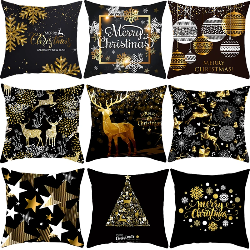 45cm Christmas Black Gold Cushion Cover Merry Christmas Decorations for Home Cristmas Ornaments Natal Navidad Gift New Year 2024