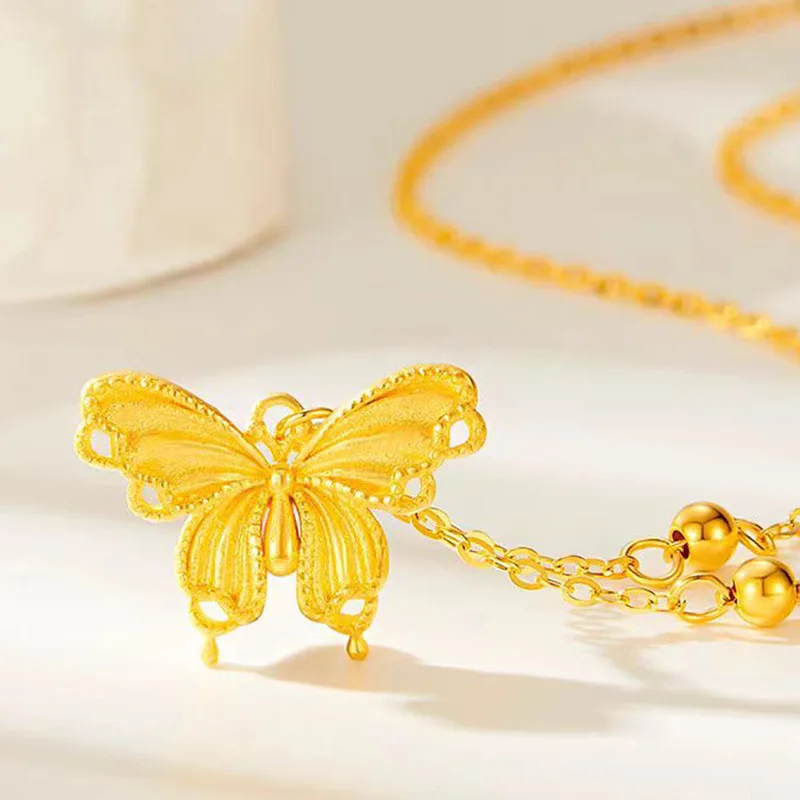 Pure Gold Color 18 KT Threaded Hollow Butterfly Pendant Necklacce for Women Luxury Necklace Chain Wedding Party Jewelry Gifts
