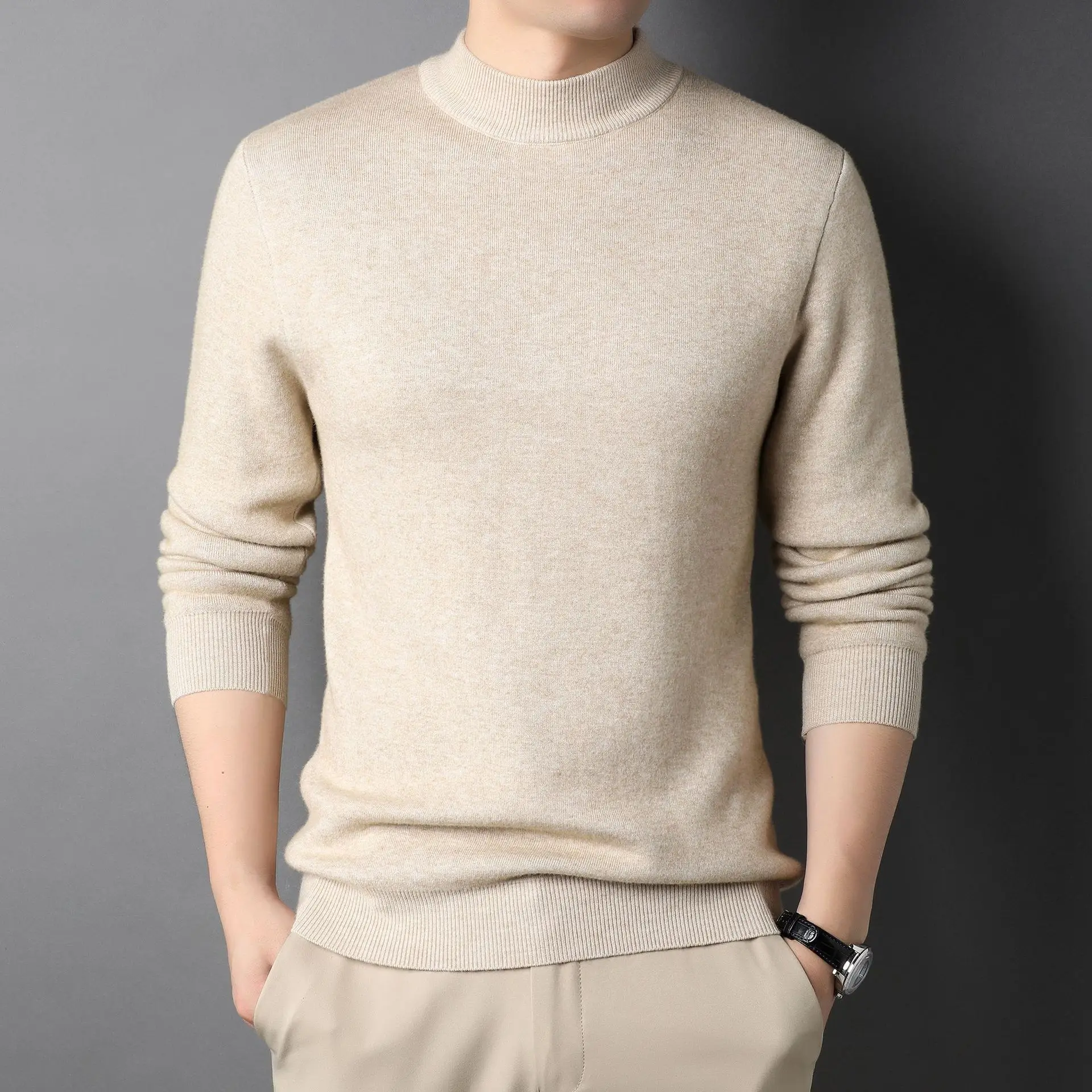New Douyin Live Broadcast Spring  Autumn Solid Color Mock Neck Men's Slim Fit Sweater  Young Men s Base Layer Sweater for Men s