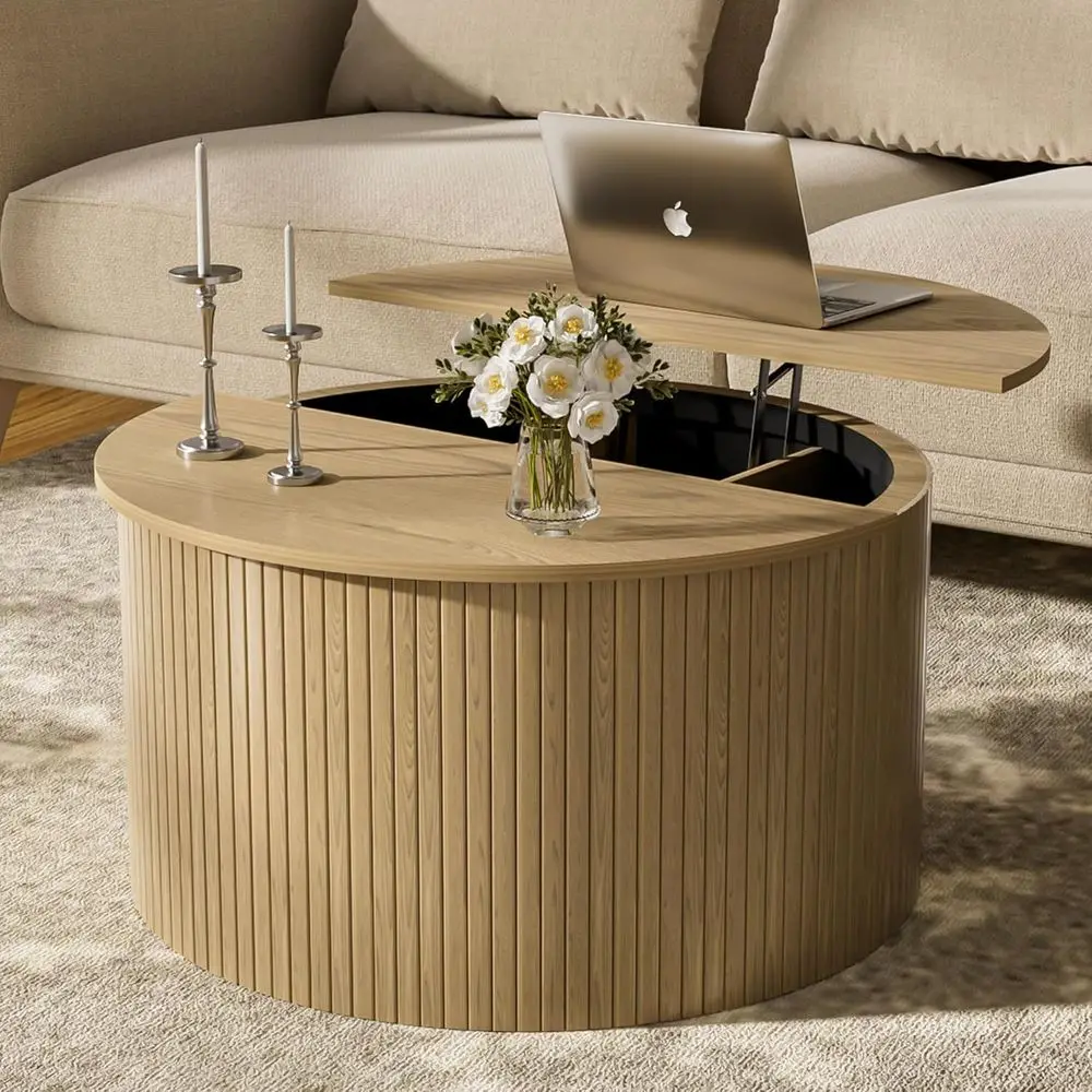 

Round Coffee Table with Illuminated Top, 31.5 Oak Circular Coffee Table with Storage for Living Room