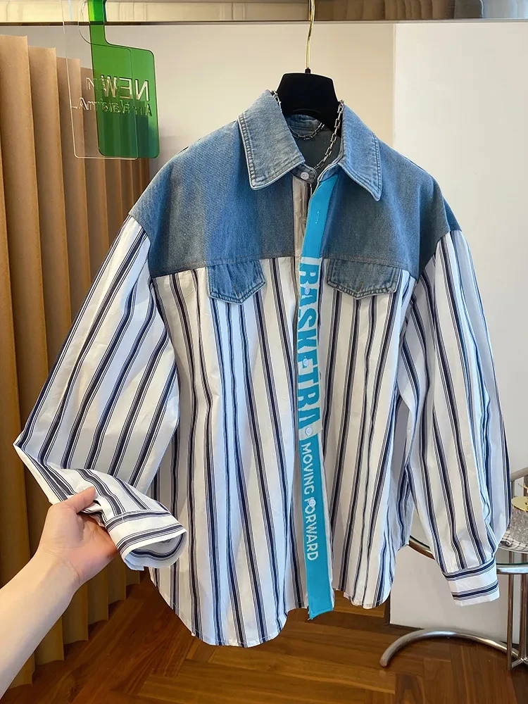 Plus Size 5XL 150kg Spring Ladies Blue Striped Blouse Women Long Sleeve Casual Shirts Loose Office Blouses Lady Top