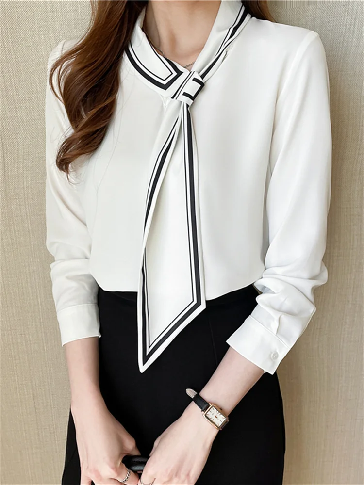 #3234 White Chiffon Blouse Long Sleeve Elegant Office Blouse Women Scarf Collar France Style Ladies Tops And Blouses Spring 2024