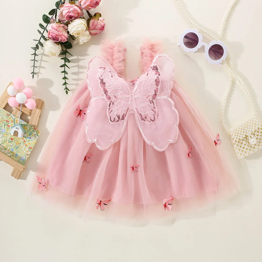 Summer New Girl\'s Dress Sweet Hanging Strap Butterfly Mesh Cute Back Butterfly Wings Mesh Dress Princess Dress Suitable for 0-3