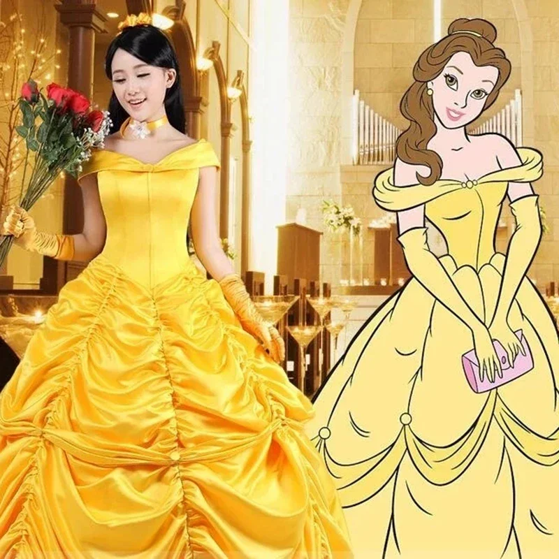 Belle Costume Women Beauty and The Beast Cosplay Costume Belle Princess Dress Palace Prom Yellow Dress Adult Halloween Clothes