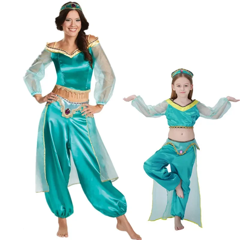 Adult Children's Aladdin's Lamp Jasmine Princess Costumes Cosplay For Girl Halloween Party Belly Dance Dress Indian Princess Cos