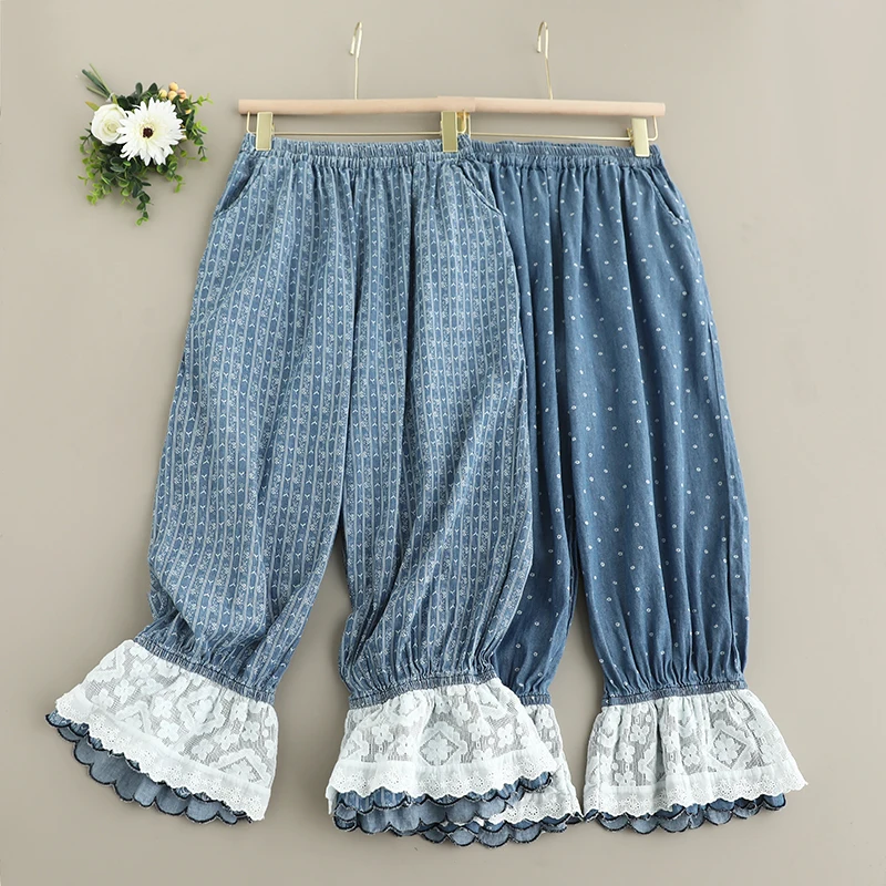 

Japanese Vintage Mori Girl Dot Lace Patchwork Denim Flare Pants Women Summer Elastic Waist Casual Loose Jeans Cropped Pants