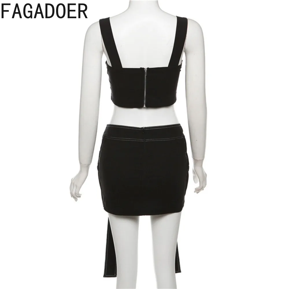 FAGADOER Black Fashion High Street Splicing Hollow Out Two Piece Sets Women Deep V Strap Sleeve Crop Top And Mini Skirts Outfits