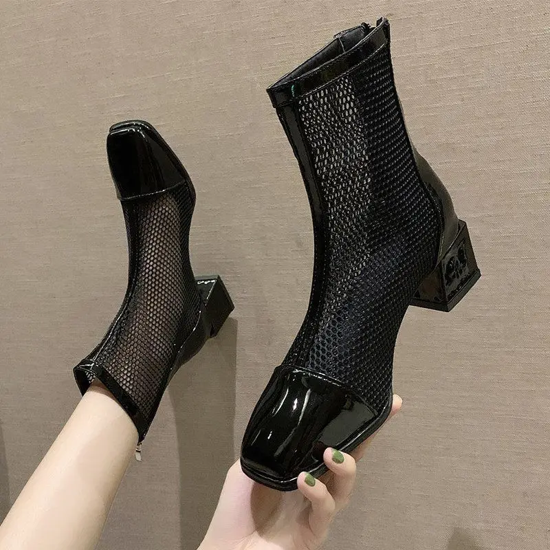 Footwear Black Sandals Short Shoes For Women Elegant With Medium Heels Female Ankle Boots Mesh Booties Stylish On Offer Pu