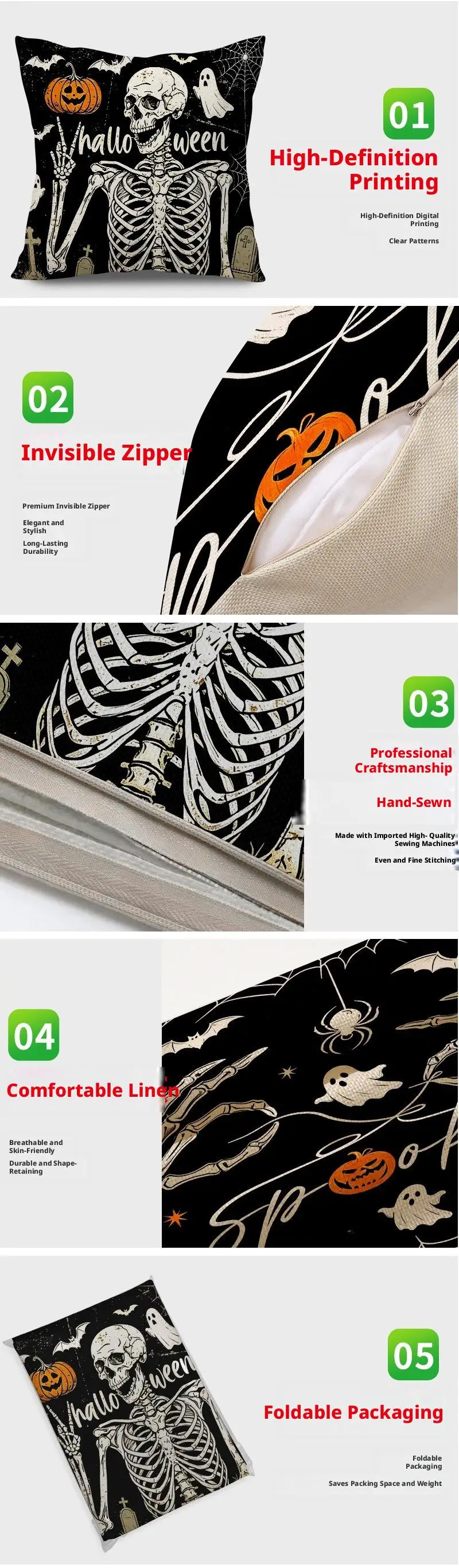 2 Stück Halloween-Kissenbezüge mit Geistermotiv, Totenkopf-Kissenhülle, Dekokissenbezug für Wohnzimmer, Sofakissenbezug – Detail 7