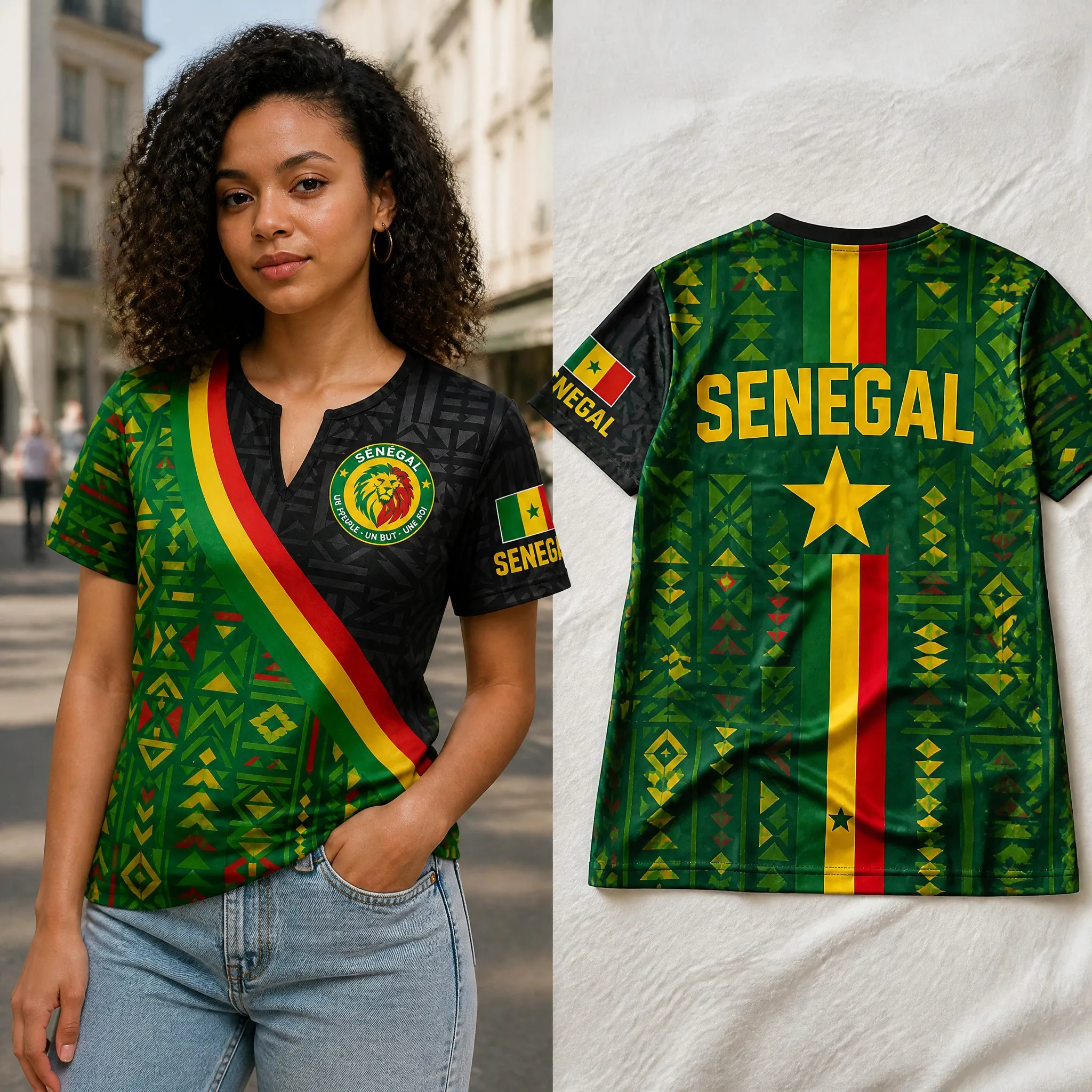 Womens Senegal Small V Neck T Shirt Black Kente Lion Crest Print Casual Summer Short Sleeve Top Heritage Pride Daily Wear Styles