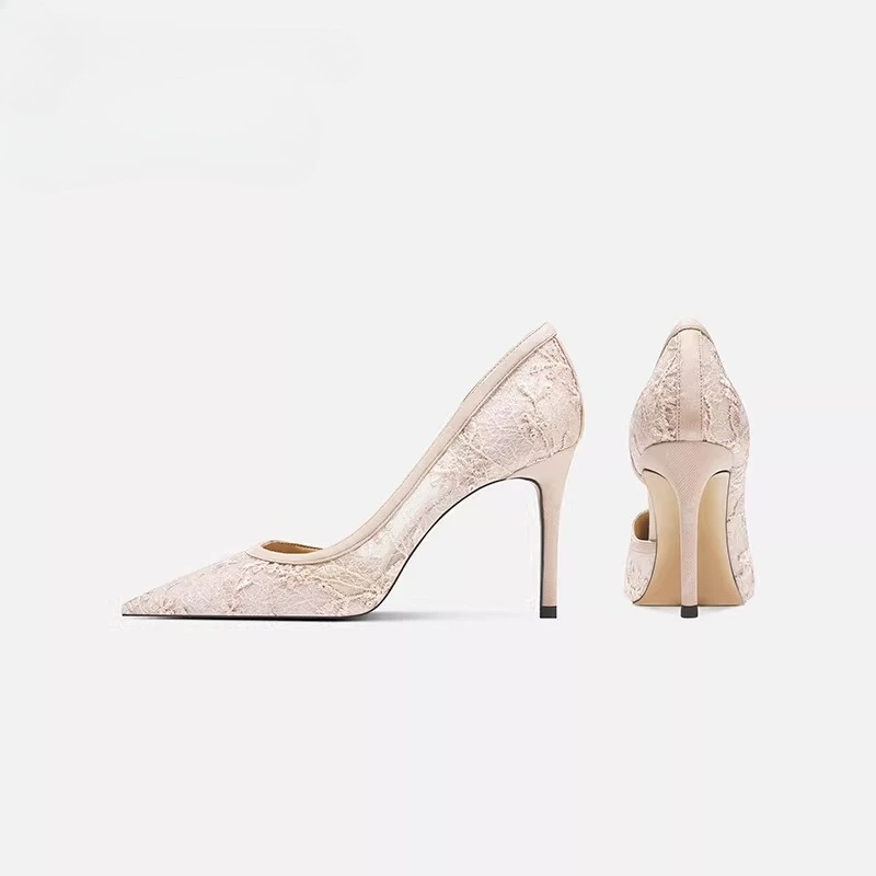 Summer New Lace Mesh Side Empty High Heels Femininity Wedding Shoes Women's Single Shoes