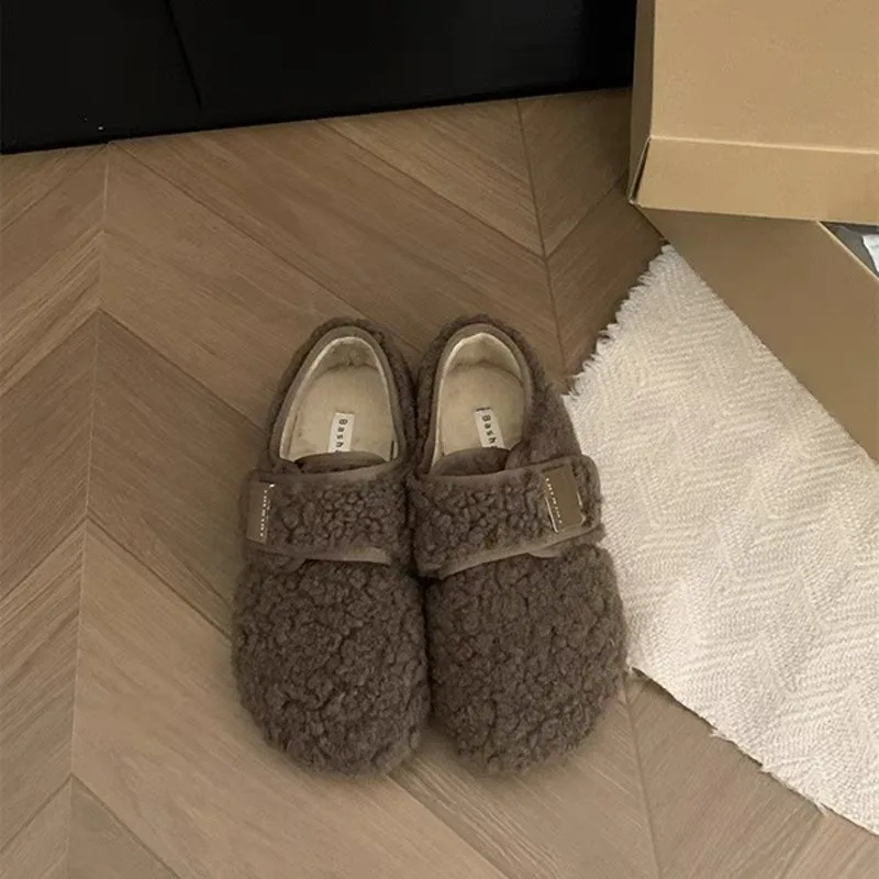 2025 Winter Vintage Cute Women's Plush Fur Shoes | Hook & Loop Flats with Fleece Lining for Warmth | Non-Slip Casual Shoes