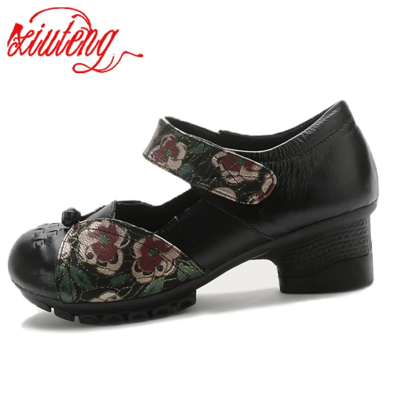 XT Cowhide Summer Low-Heeled Casual Women\'s Shoes Ethnic Style Women\'s  Shoes Color Matching Comfortable Soft-Soled Mother shoe