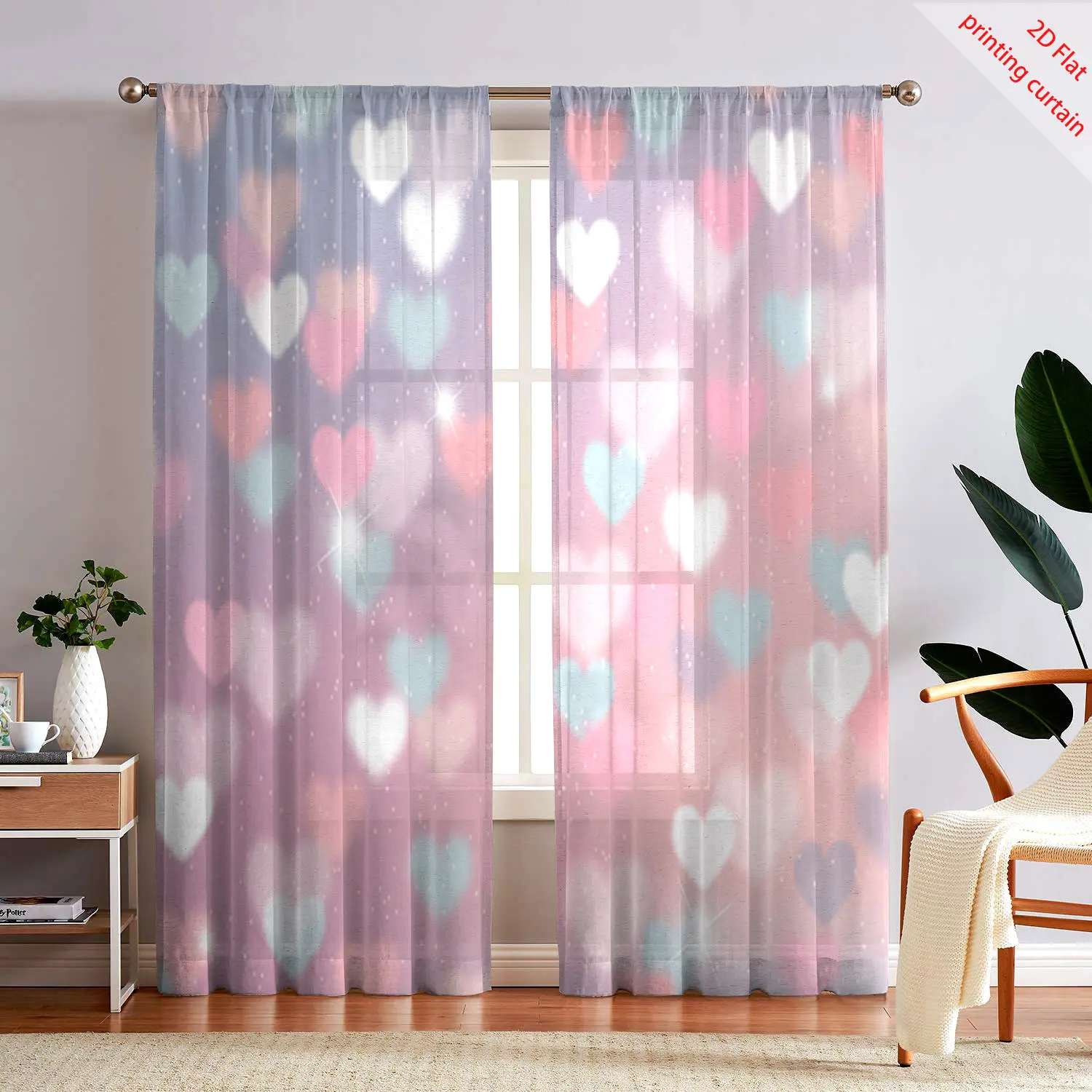 Red heart-shaped printed transparent gauze curtain, home art decoration, bedroom, living room, kitchen, balcony decoration