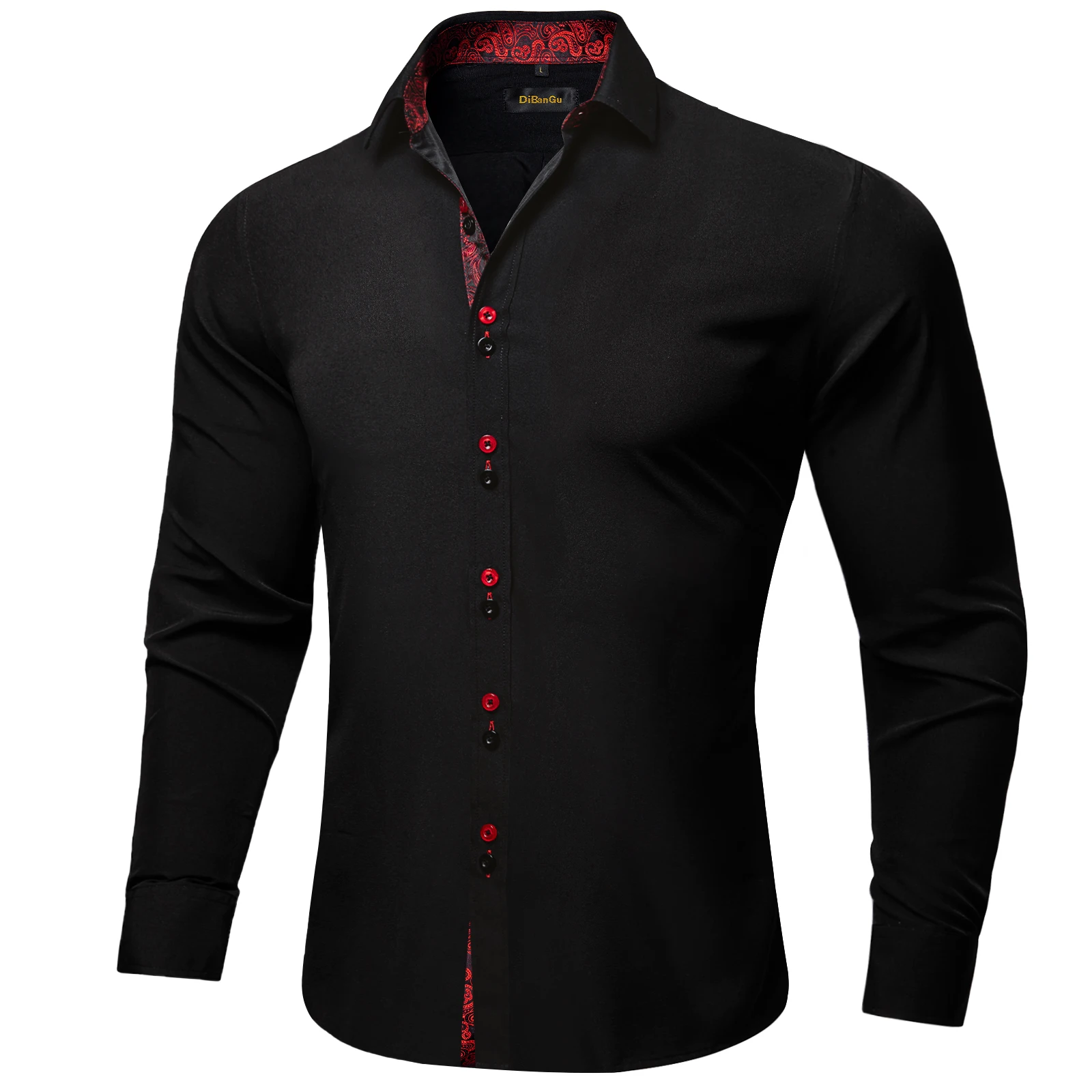 DiBanGu Men Shirt Long Sleeve Black Solid Red Paisley Color Contrast Fashion Dress Shirt for Men Button-down Collar Men Clothing