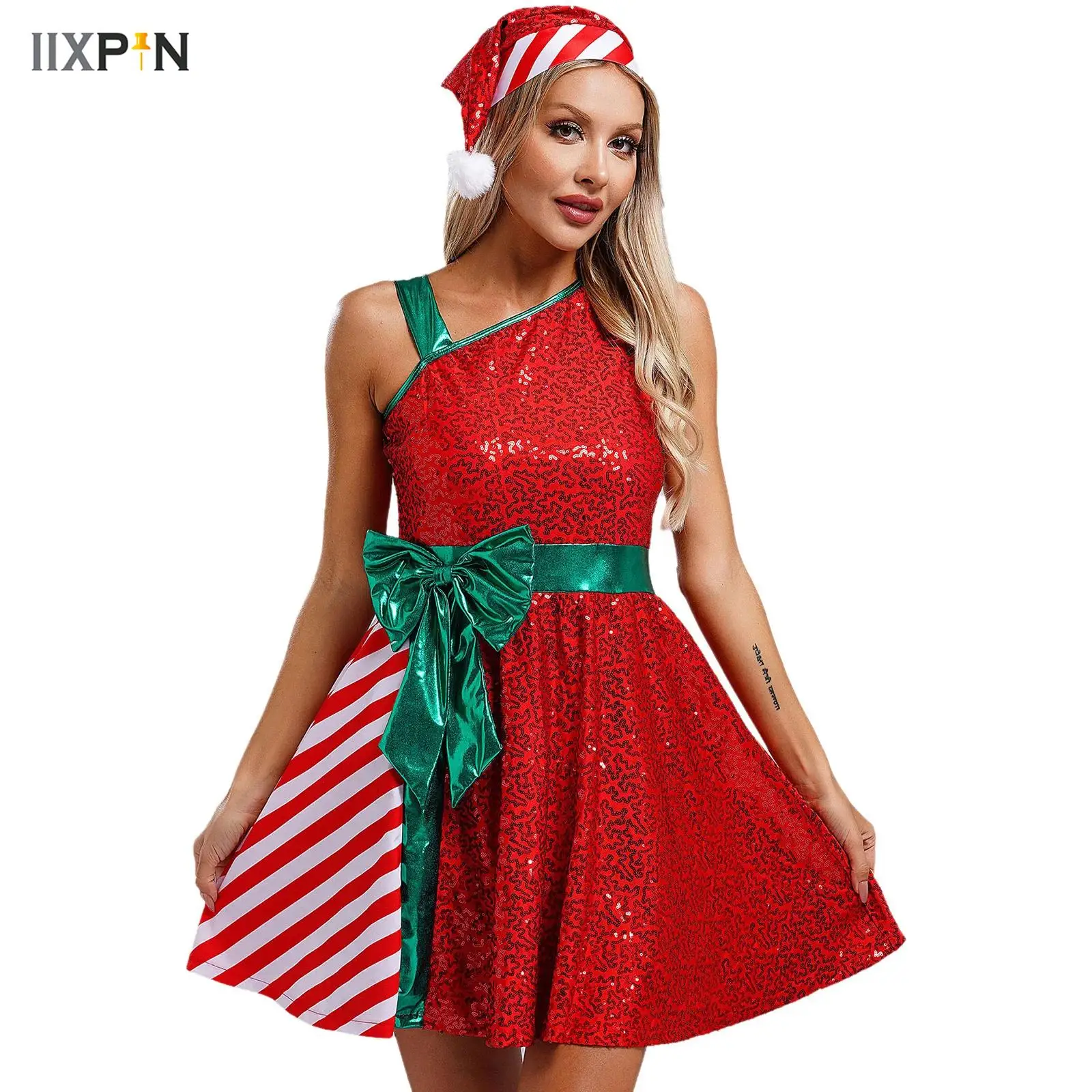 

Christmas Santa Claus Cosplay Costume Womens Sleeveless Shiny Sequins Stripes Dress + Santa Hat Sets Xmas Party Dress up Costume