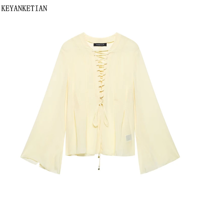 

KEYANKETIAN 2025 Summer New Women's Cross Lace-up Flared Sleeve Chiffon Shirt Bohemian See-through Pullover Blouses Chic Top