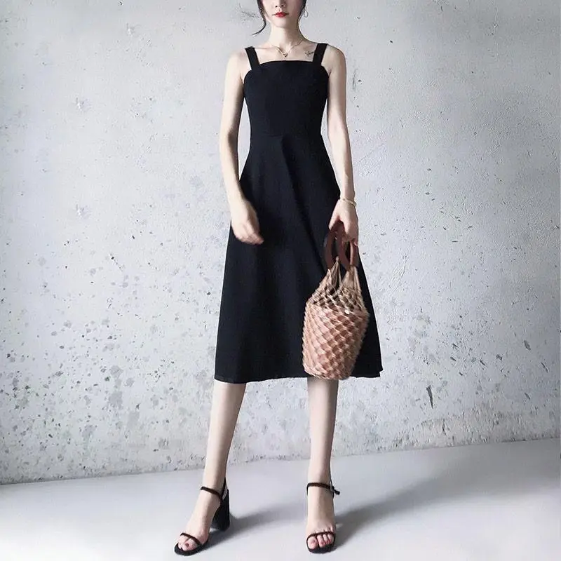 Women's Summer Graceful Black Tank Midi Dress 2025 New Lady Sleeveless Slim Dresses Basic Joker Simple Solid Gown Female