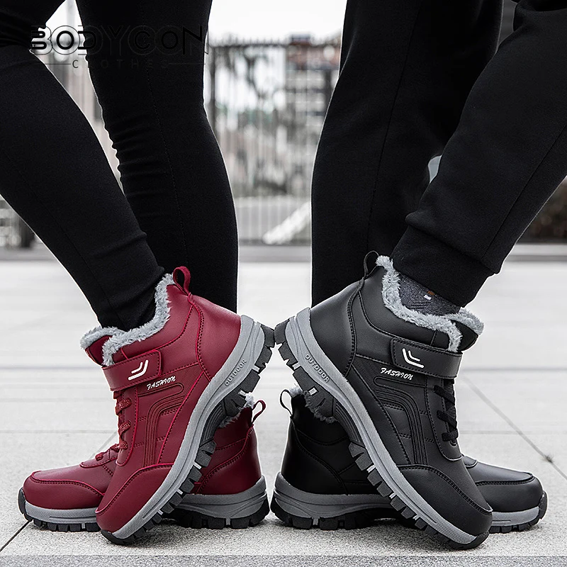 2023 Winter Women Men Boots Plush Leather Waterproof Sneakers Climbing Hunting Shoes Unisex Lace-up Outdoor Warm Hiking Boot Man