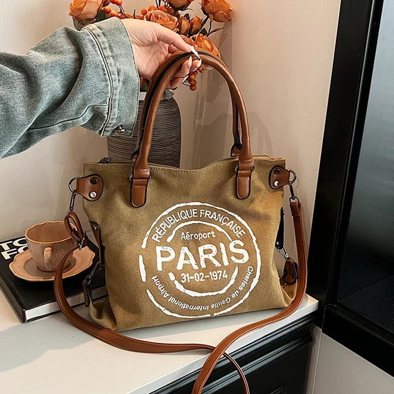 Large Women Stylish Crossbody Bag Retro Canvas Tote Bag  Adjustable Shoulder Strap Vintage Paris Stamp Print Purses and Handbags