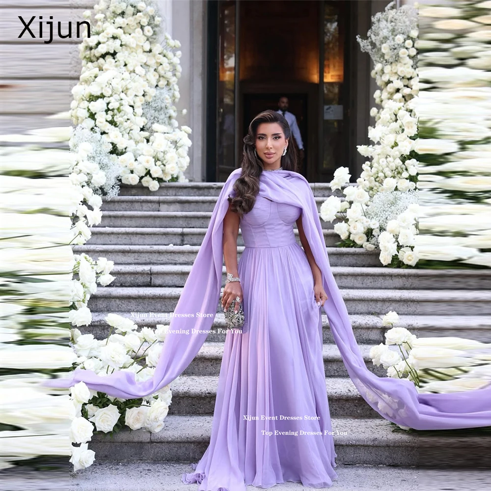 

Xijun Lavender Chiffon Long Evening Dresses Cape Sleeves A-Line Pleated Prom Dresses Saudi Arabic Formal Prom Gowns Customized