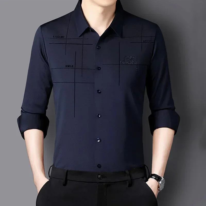 High elastic quality autumn men\'s long sleeved shirt new seamless shirt wrinkle resistant and ironless business dress shirt