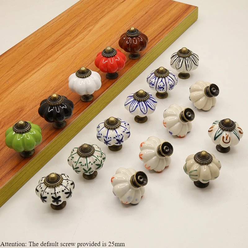 2PCS Pastoral Ceramic Pumpkin cabinet handle Painted Classical Handle Chest of Drawers Wardrobe Door Single Hole Handle