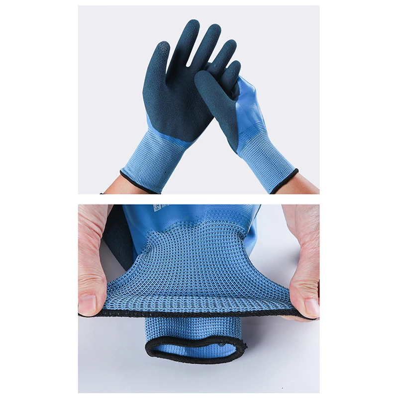 1 pair Gloves Latex Waterproof Fully Coated Gloves Nylon Blue Work Gloves Coldproof Protection Gardening Gloves