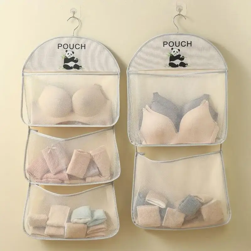 Hanging Mesh Storage Bag Cute Panda Print Breathable Durable Organizer for Socks Underwear Closet Small Apartments