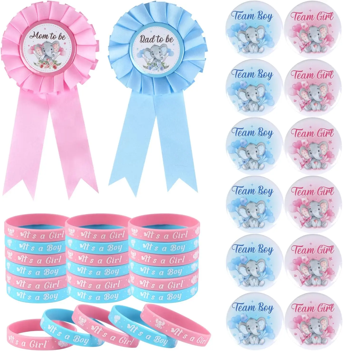 

Elephant Gender Reveal Party Favors Mom to Be Tinplate Badge Pin Button Silicone Wristbands for Baby Shower Team Boy Team Girl