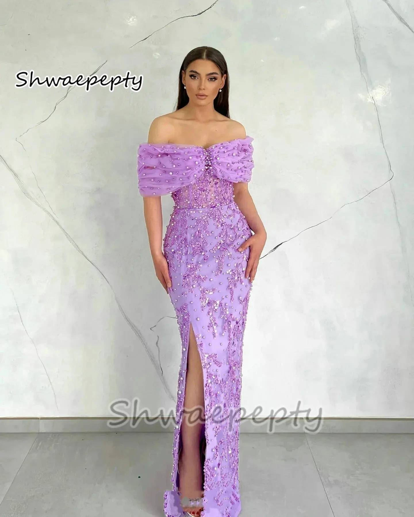 Elegant Off Shoulder Evening Dresses Side Slit Pearls Sequins Beaded Glitter Formal Prom Gowns Bride Reception Dress Customized