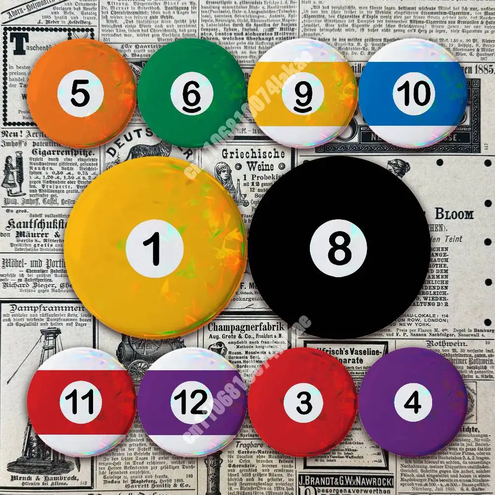 Snooker Balls Number Button Badge 2PC Sets for Bags & Clothes & Accessories Metal Pin Stylish Decoration Billiard Pool Black 8