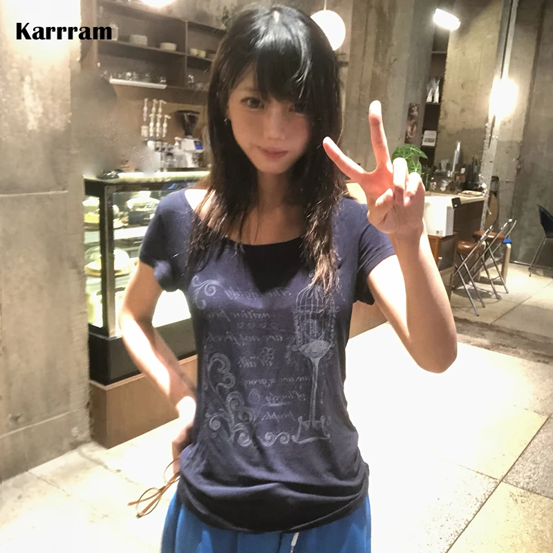 Karrram Japanese Y2k Letter Print T-shirt Trashy 2000s Style Short Sleeve T Shirt Vintage Harajuku Streetwear American Retro 90s