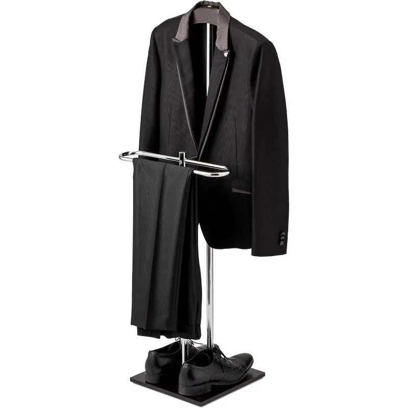 Brown Wood and Metal Valet and Suit Stand, Executive Men's Garment Organizer Rack Coat and Pants Hanger