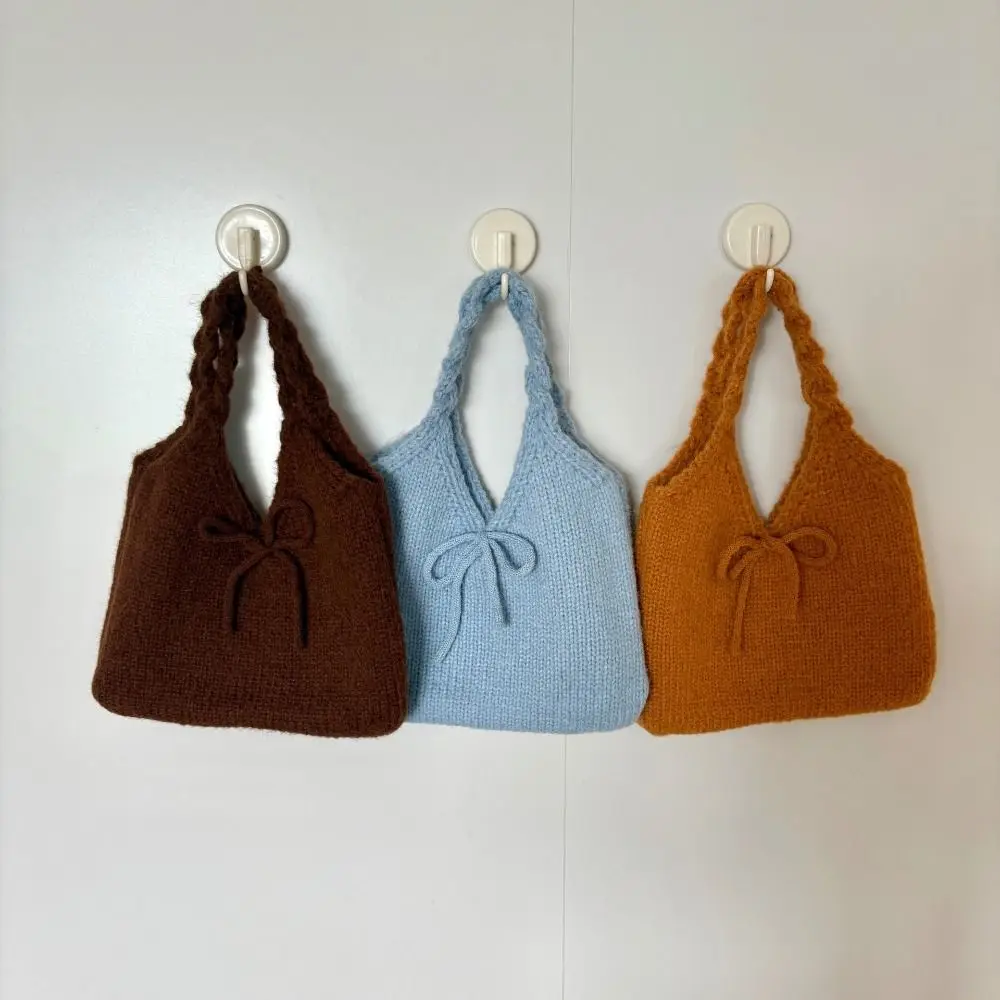 

Повседневная разноцветная вязаная сумка с бантом, мягкая, с узором «косичка», шерстяная, большая вместимость, милая вязаная сумка через плечо для путешествий