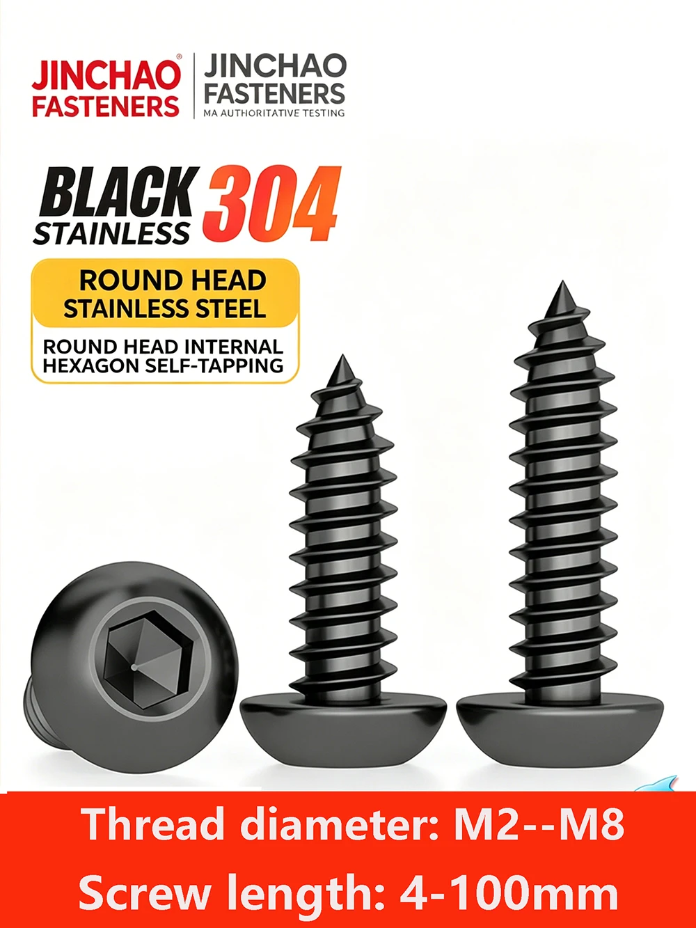 Black 304 Stainless Steel Pan Head Hexagonal Self Tapping Screw M2-M8 Sizes 4-100mm Length Pointed for Wood/Plastic Fastening