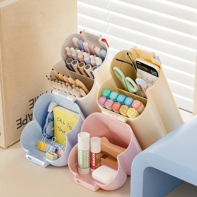 Multi-grid Divided Foldable Pencil Storage Box, Vertical Desktop Pen Organizer, Large Capacity Plastic Pencil Case for School