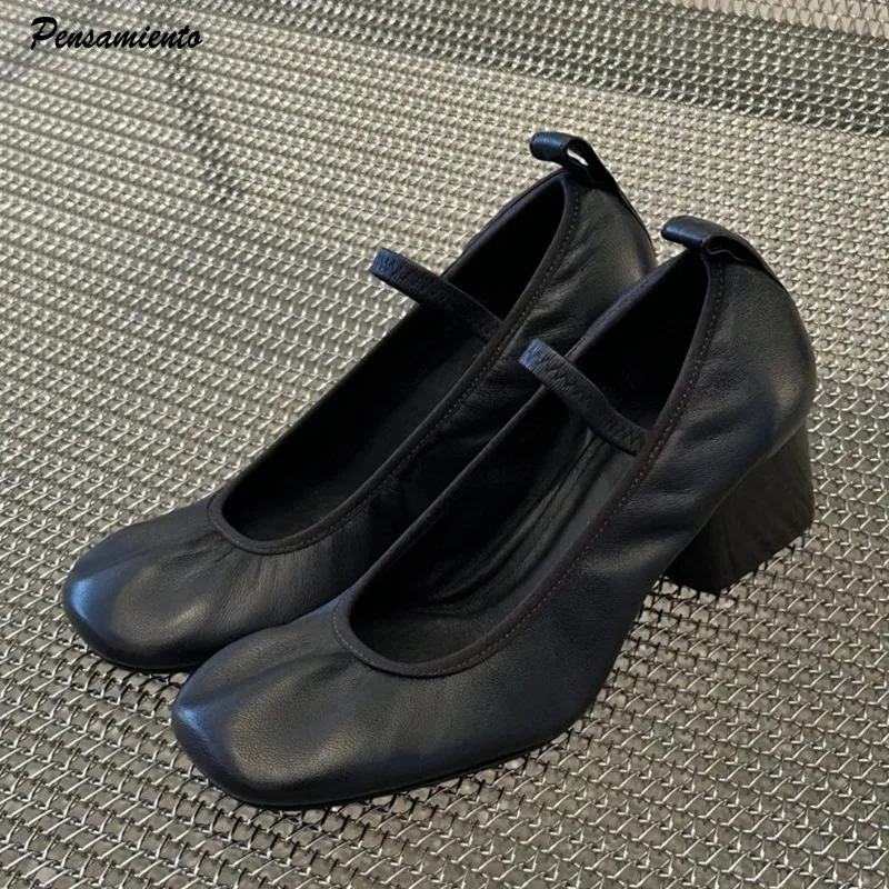 

Star style Fashion Pleated Soft Leather Elastic Band Ballet Women Pumps Vintage Thick High heels Mary Janes Office Dress Shoes