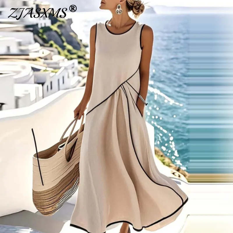 

Модное контрастное цветное пляжное платье для отдыха, женское весеннее длинное платье с круглым вырезом и драпировкой и карманами, повседневное свободное летнее платье без рукавов