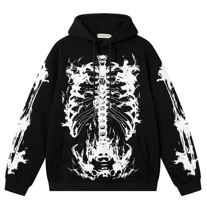

Мужская толстовка на флисовой подкладке большого размера, уличная одежда с принтом скелета, пуловер в стиле хип-хоп, Harajuku, готические толстые теплые зимние толстовки 2025 г.